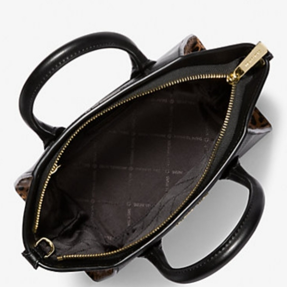 Michael Kors Avril Small Black Leather and Cheetah Print Calf Hair Satchel Bag - Picture 10 of 15